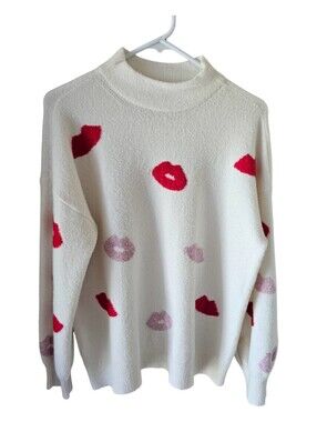 LOFT Cream Mock Neck Lip Print Sweater Red Pink Lips Valentine’s Day Size L